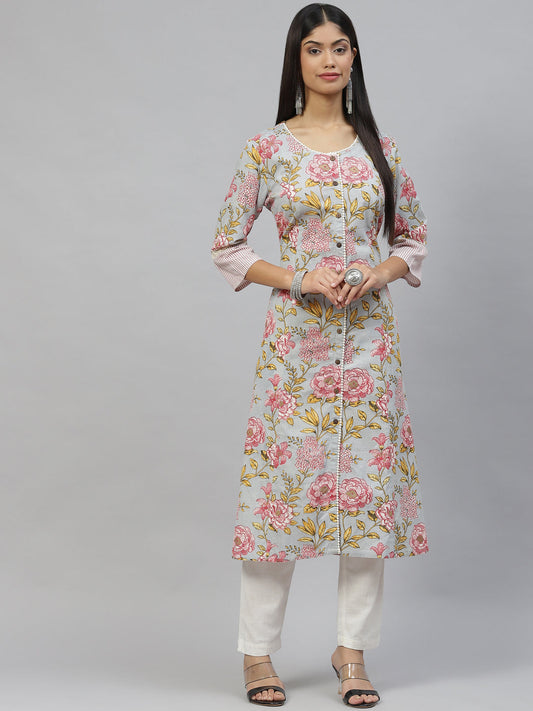 Women Sky Blue Floral Cotton Flex A-Line Kurta | LASVINI - Redefining Indian Fashion with Elegance