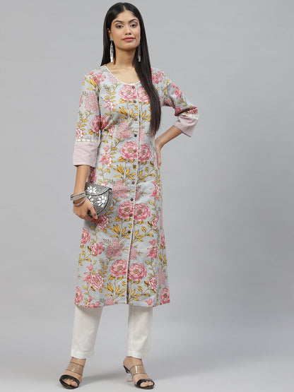 Women Sky Blue Floral Cotton Flex A-Line Kurta | LASVINI - Redefining Indian Fashion with Elegance