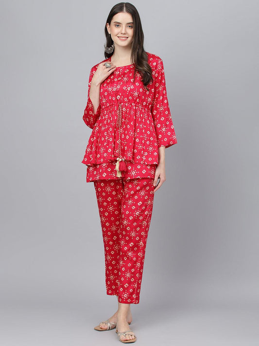 Bandhani Magenta Muslin Three Piece Top Pant Set With Peplum Jacket | LASVINI - Redefining Indian Fashion with Elegance