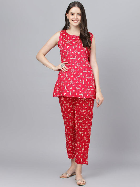 Bandhani Magenta Muslin Three Piece Top Pant Set With Peplum Jacket | LASVINI - Redefining Indian Fashion with Elegance