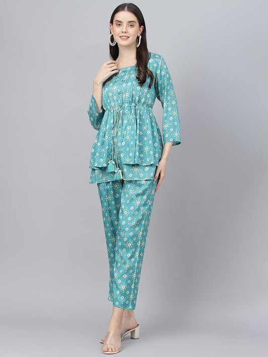 Bandhani Teal Muslin Three Piece Top Pant Set With Peplum Jacket | LASVINI - Redefining Indian Fashion with Elegance