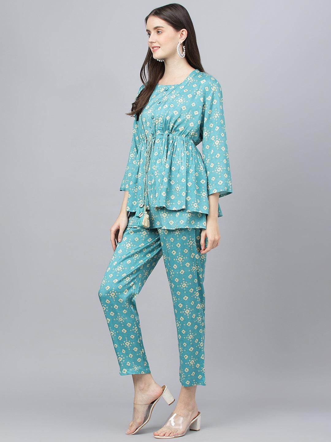 Bandhani Teal Muslin Three Piece Top Pant Set With Peplum Jacket | LASVINI - Redefining Indian Fashion with Elegance