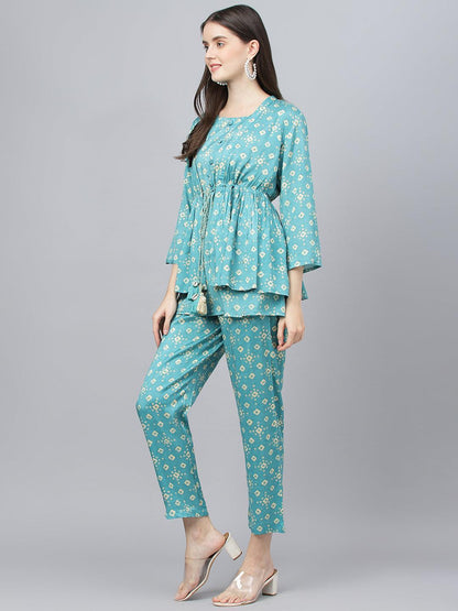 Bandhani Teal Muslin Three Piece Top Pant Set With Peplum Jacket | LASVINI - Redefining Indian Fashion with Elegance