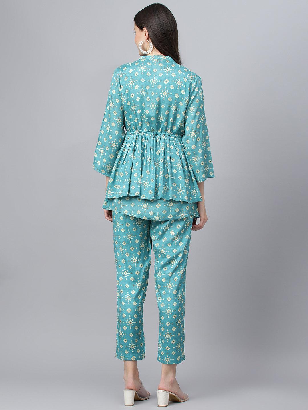 Bandhani Teal Muslin Three Piece Top Pant Set With Peplum Jacket | LASVINI - Redefining Indian Fashion with Elegance