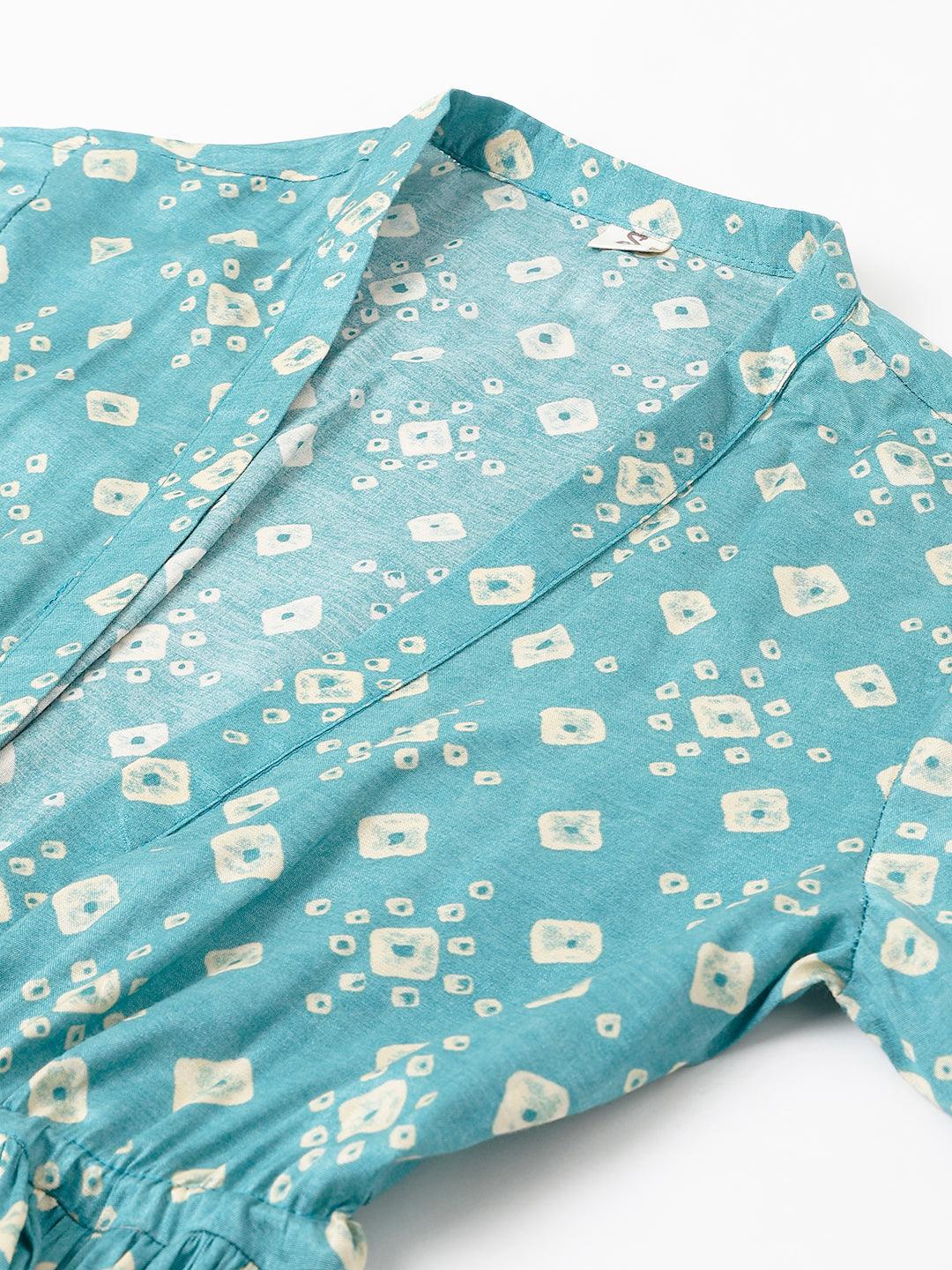 Bandhani Teal Muslin Three Piece Top Pant Set With Peplum Jacket | LASVINI - Redefining Indian Fashion with Elegance