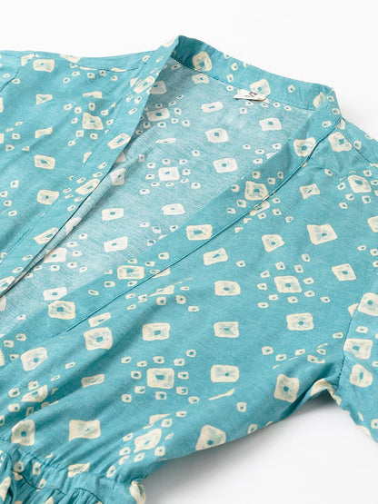 Bandhani Teal Muslin Three Piece Top Pant Set With Peplum Jacket | LASVINI - Redefining Indian Fashion with Elegance