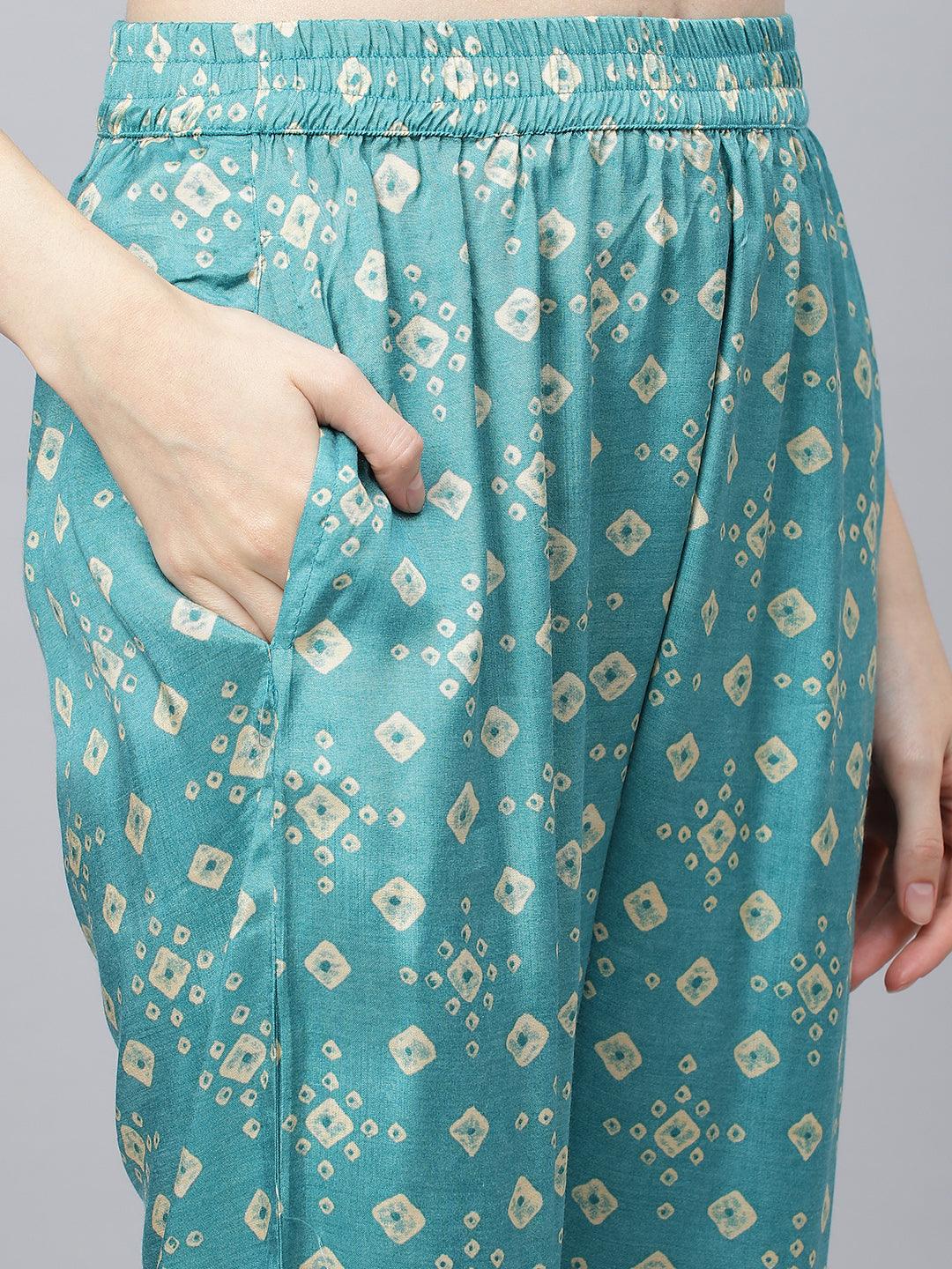 Bandhani Teal Muslin Three Piece Top Pant Set With Peplum Jacket | LASVINI - Redefining Indian Fashion with Elegance