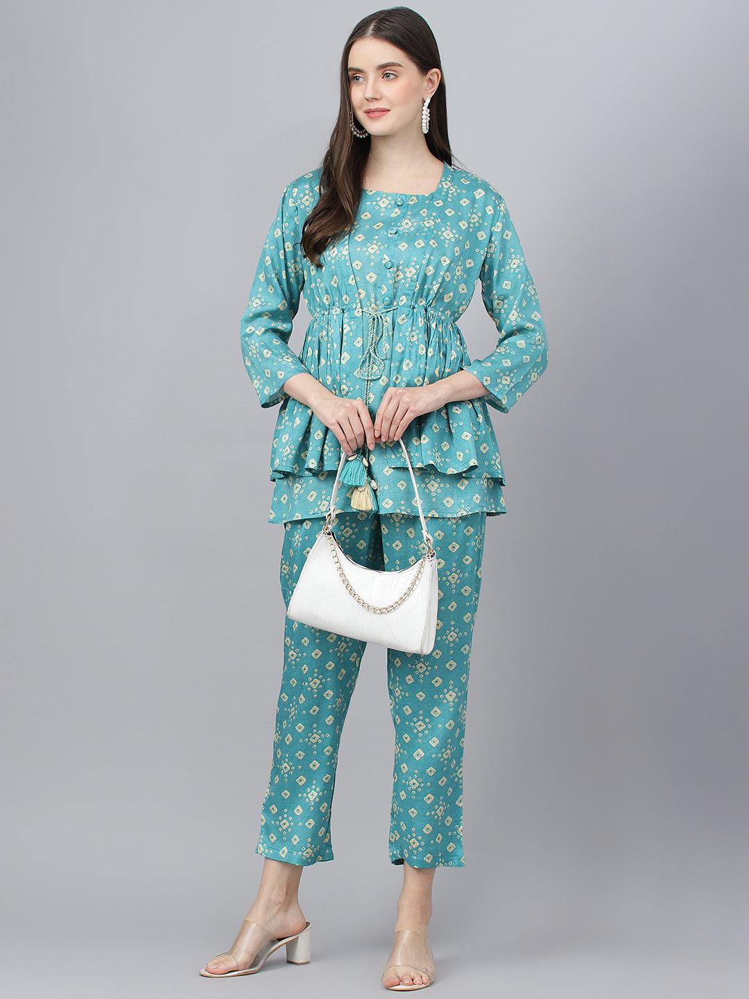 Bandhani Teal Muslin Three Piece Top Pant Set With Peplum Jacket | LASVINI - Redefining Indian Fashion with Elegance