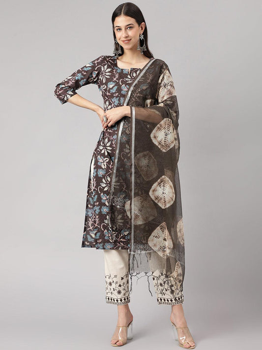 Black Floral Cotton Kurta Pant Set With Dupatta | LASVINI - Redefining Indian Fashion with Elegance