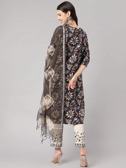 Black Floral Cotton Kurta Pant Set With Dupatta | LASVINI - Redefining Indian Fashion with Elegance