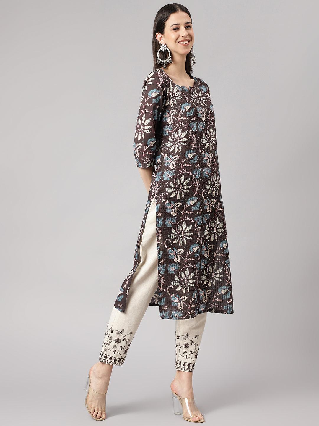 Black Floral Cotton Kurta Pant Set With Dupatta | LASVINI - Redefining Indian Fashion with Elegance