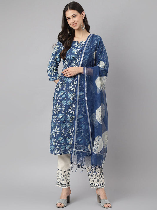 Indigo Floral Cotton Kurta Pant Set With Dupatta | LASVINI - Redefining Indian Fashion with Elegance