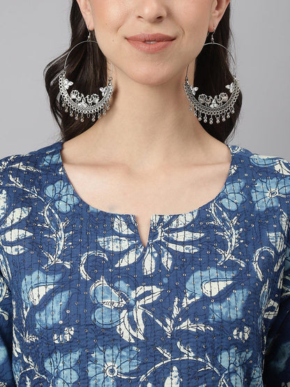 Indigo Floral Cotton Kurta Pant Set With Dupatta | LASVINI - Redefining Indian Fashion with Elegance