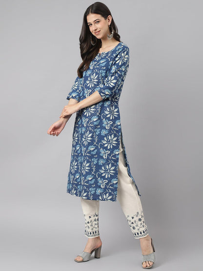 Indigo Floral Cotton Kurta Pant Set With Dupatta | LASVINI - Redefining Indian Fashion with Elegance