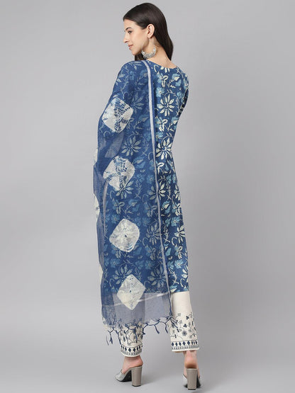 Indigo Floral Cotton Kurta Pant Set With Dupatta | LASVINI - Redefining Indian Fashion with Elegance