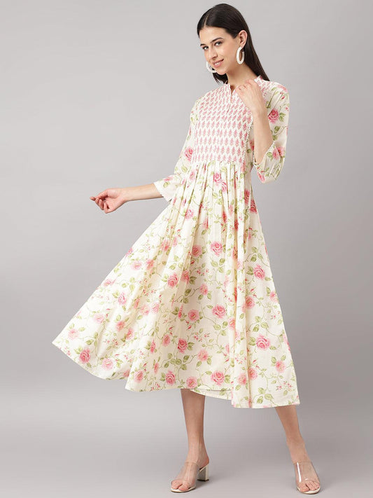 Cream Cotton Yoke Work Gathered Kurta | LASVINI - Redefining Indian Fashion with Elegance