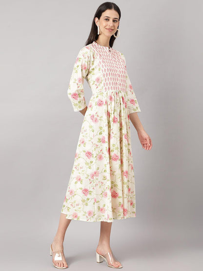 Cream Cotton Yoke Work Gathered Kurta | LASVINI - Redefining Indian Fashion with Elegance