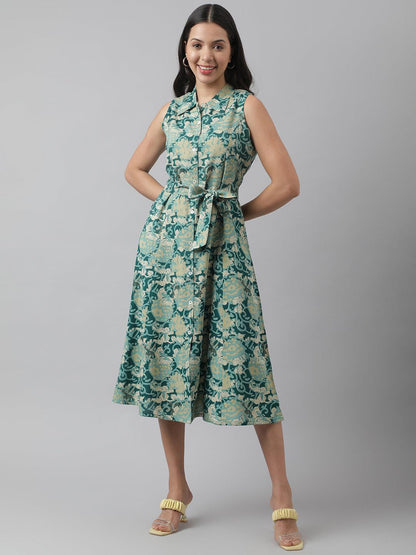 Rayon Light Green A-Line Floral Printed Midi Dress | LASVINI - Redefining Indian Fashion with Elegance