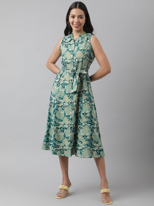 Rayon Light Green A-Line Floral Printed Midi Dress | LASVINI - Redefining Indian Fashion with Elegance