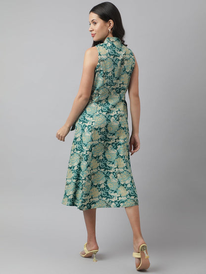 Rayon Light Green A-Line Floral Printed Midi Dress | LASVINI - Redefining Indian Fashion with Elegance