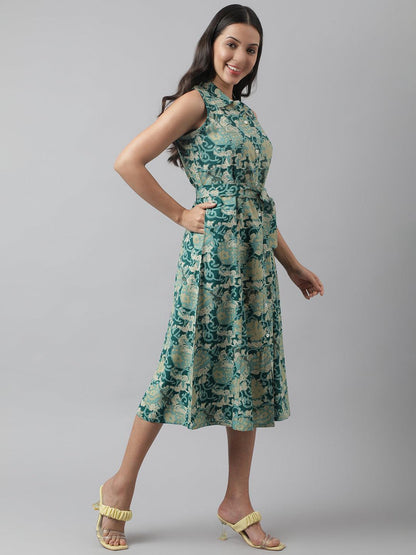 Rayon Light Green A-Line Floral Printed Midi Dress | LASVINI - Redefining Indian Fashion with Elegance
