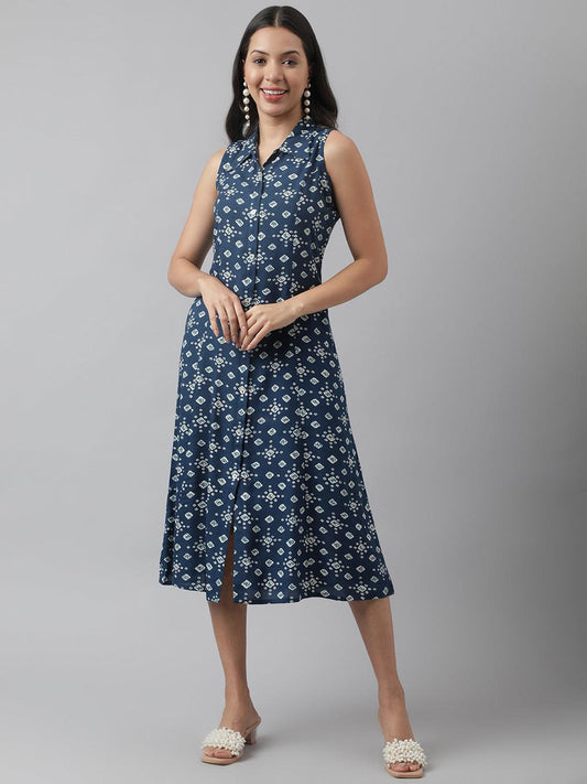 Rayon Teal Blue A-Line Floral Printed Midi Dress | LASVINI - Redefining Indian Fashion with Elegance