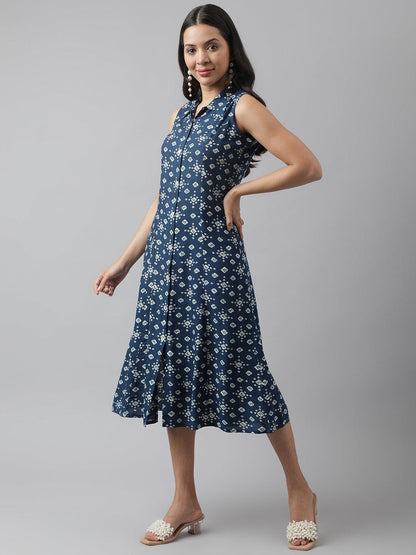 Rayon Teal Blue A-Line Floral Printed Midi Dress | LASVINI - Redefining Indian Fashion with Elegance