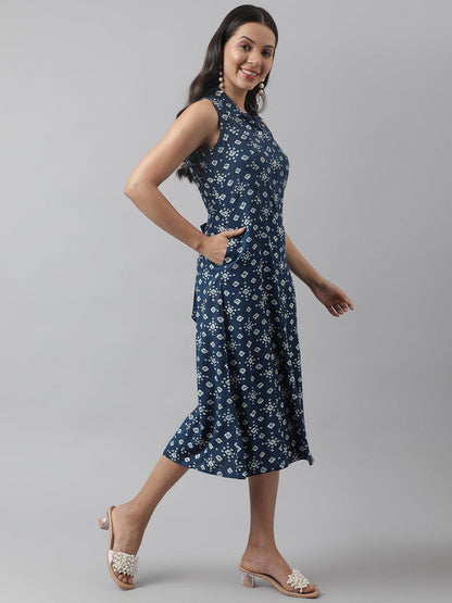 Rayon Teal Blue A-Line Floral Printed Midi Dress | LASVINI - Redefining Indian Fashion with Elegance