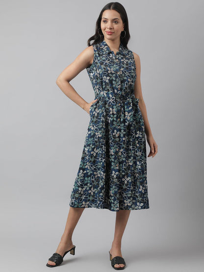 Rayon Navy Blue A-Line Floral Printed Midi Dress | LASVINI - Redefining Indian Fashion with Elegance