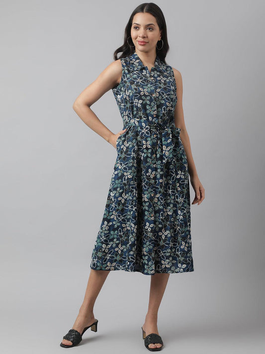 Rayon Navy Blue A-Line Floral Printed Midi Dress | LASVINI - Redefining Indian Fashion with Elegance