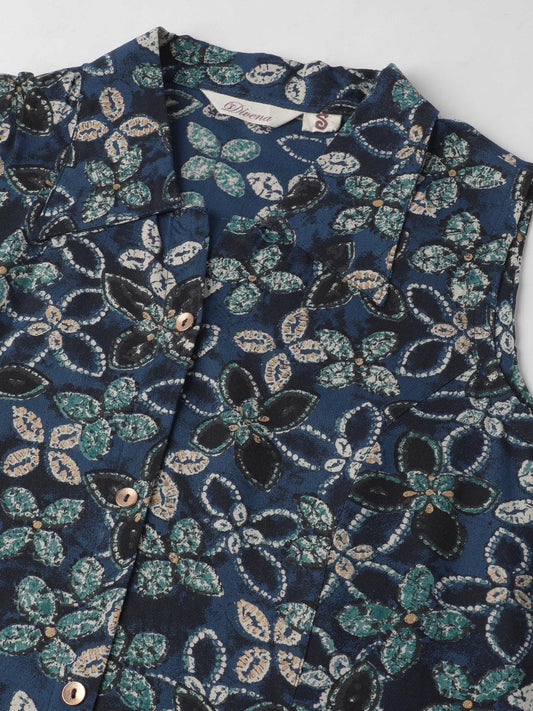 Rayon Navy Blue A-Line Floral Printed Midi Dress | LASVINI - Redefining Indian Fashion with Elegance