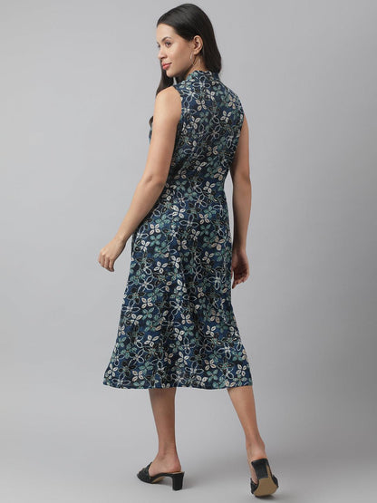 Rayon Navy Blue A-Line Floral Printed Midi Dress | LASVINI - Redefining Indian Fashion with Elegance