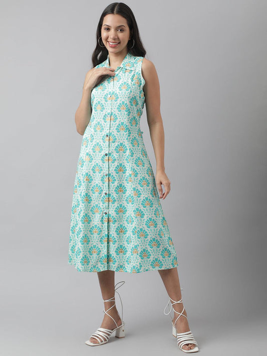 Rayon White A-Line Floral Printed Midi Dress | LASVINI - Redefining Indian Fashion with Elegance