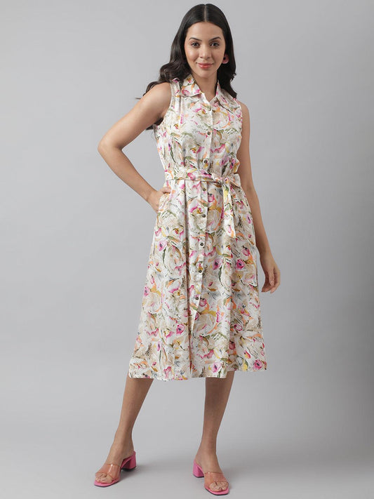 Rayon Cream A-Line Floral Printed Midi Dress | LASVINI - Redefining Indian Fashion with Elegance