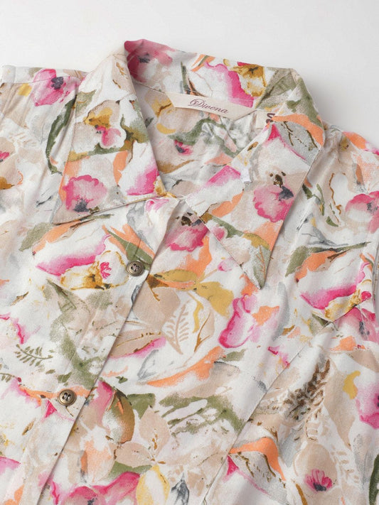 Rayon Cream A-Line Floral Printed Midi Dress | LASVINI - Redefining Indian Fashion with Elegance