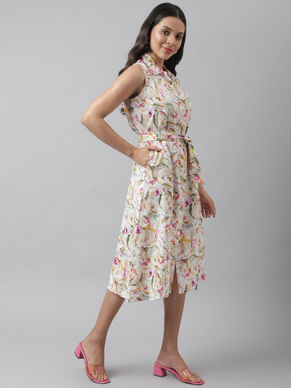 Rayon Cream A-Line Floral Printed Midi Dress | LASVINI - Redefining Indian Fashion with Elegance