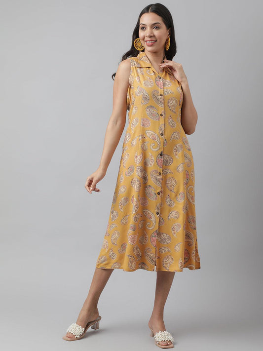 Rayon Mustard A-Line Floral Printed Midi Dress | LASVINI - Redefining Indian Fashion with Elegance