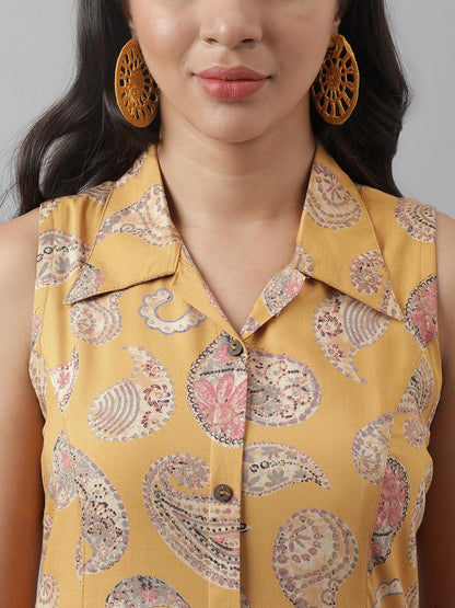 Rayon Mustard A-Line Floral Printed Midi Dress | LASVINI - Redefining Indian Fashion with Elegance