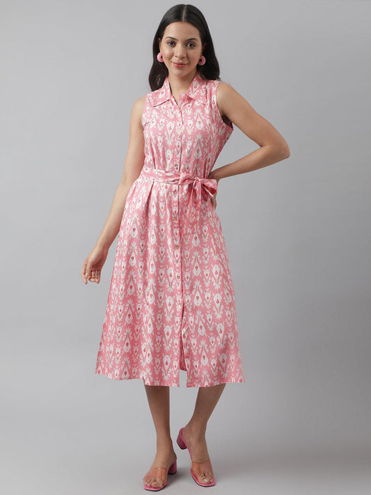 Rayon Light Pink A-Line Floral Printed Midi Dress | LASVINI - Redefining Indian Fashion with Elegance