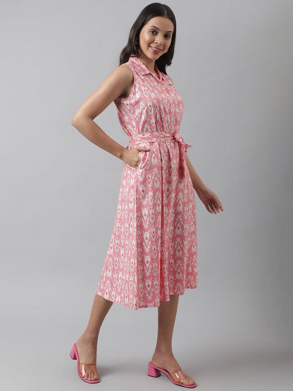 Rayon Light Pink A-Line Floral Printed Midi Dress | LASVINI - Redefining Indian Fashion with Elegance