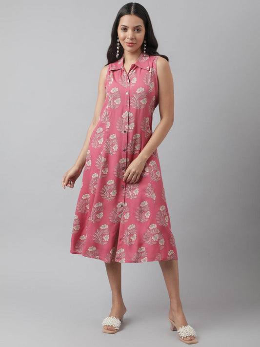 Rayon Rose Pink A-Line Floral Printed Midi Dress | LASVINI - Redefining Indian Fashion with Elegance