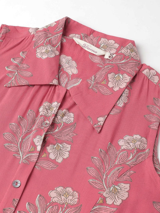 Rayon Rose Pink A-Line Floral Printed Midi Dress | LASVINI - Redefining Indian Fashion with Elegance