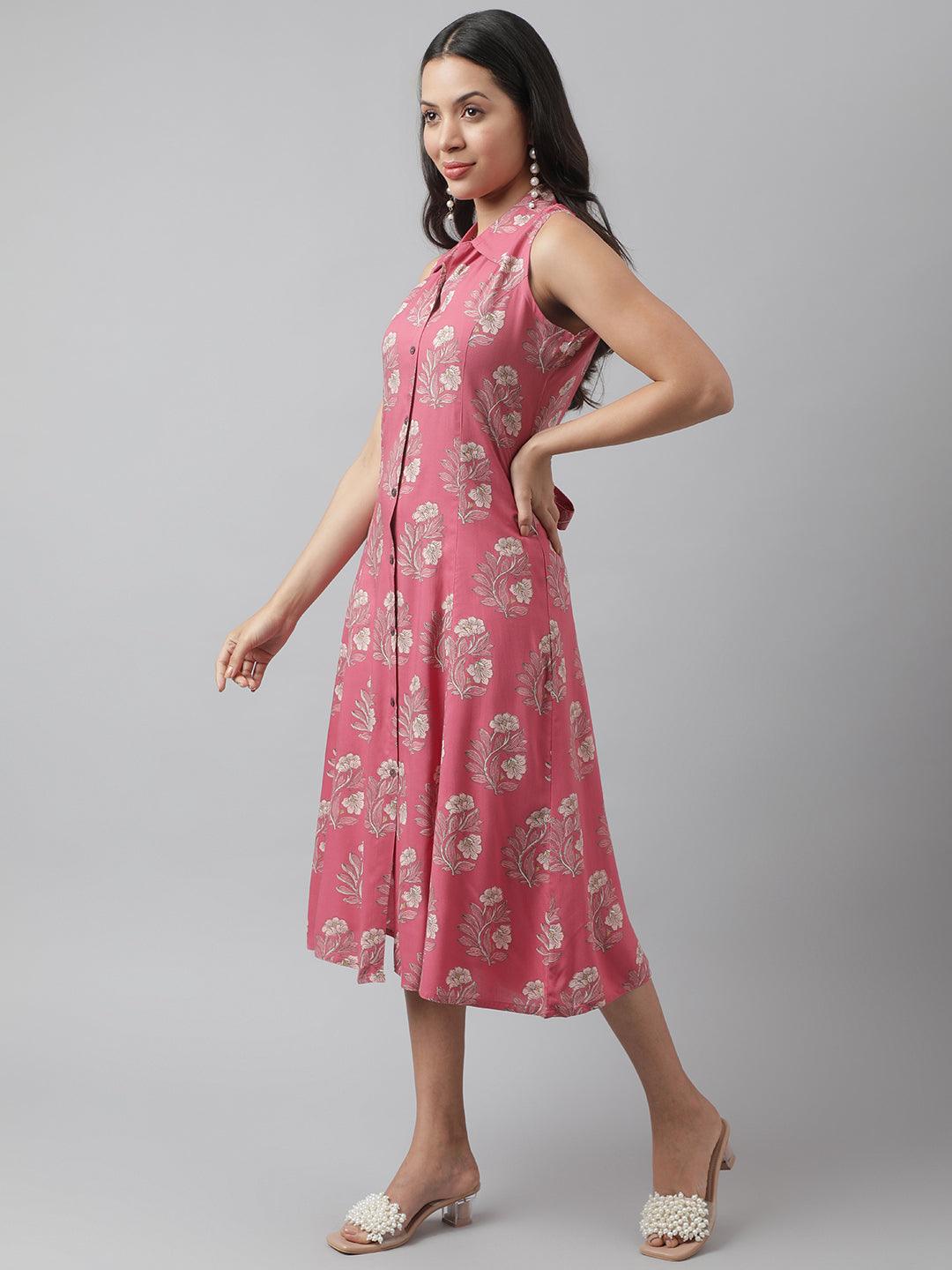 Rayon Rose Pink A-Line Floral Printed Midi Dress | LASVINI - Redefining Indian Fashion with Elegance