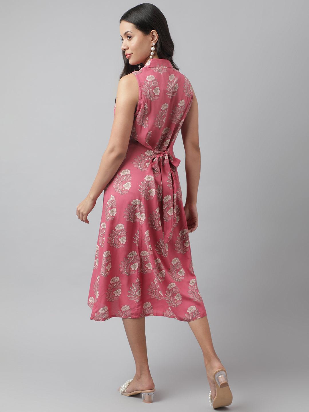 Rayon Rose Pink A-Line Floral Printed Midi Dress | LASVINI - Redefining Indian Fashion with Elegance