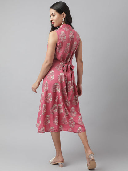 Rayon Rose Pink A-Line Floral Printed Midi Dress | LASVINI - Redefining Indian Fashion with Elegance