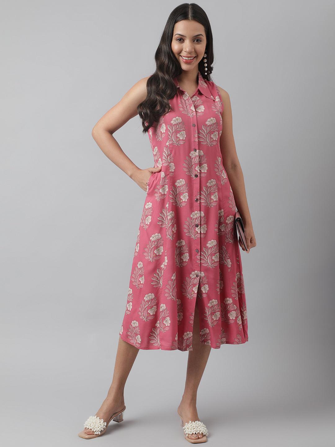 Rayon Rose Pink A-Line Floral Printed Midi Dress | LASVINI - Redefining Indian Fashion with Elegance