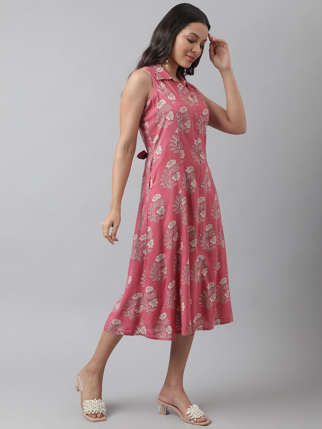 Rayon Rose Pink A-Line Floral Printed Midi Dress | LASVINI - Redefining Indian Fashion with Elegance