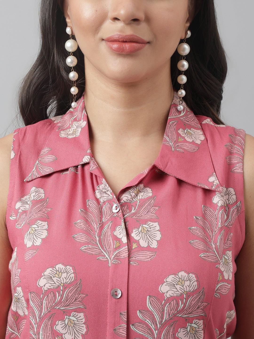 Rayon Rose Pink A-Line Floral Printed Midi Dress | LASVINI - Redefining Indian Fashion with Elegance