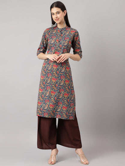 Blue And Red Cotton Katha Work Straight Kurta | LASVINI - Redefining Indian Fashion with Elegance