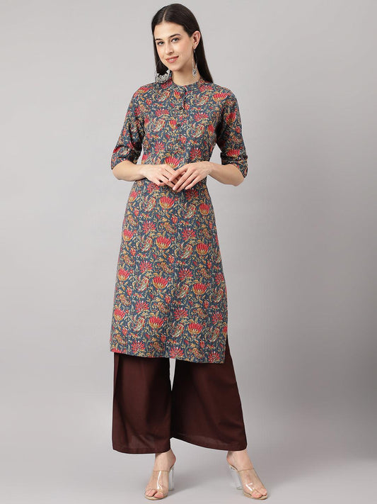 Blue And Red Cotton Katha Work Straight Kurta | LASVINI - Redefining Indian Fashion with Elegance